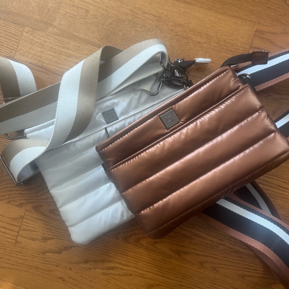 THINK ROYLN Metallic Bronze and White Crossbody Bags